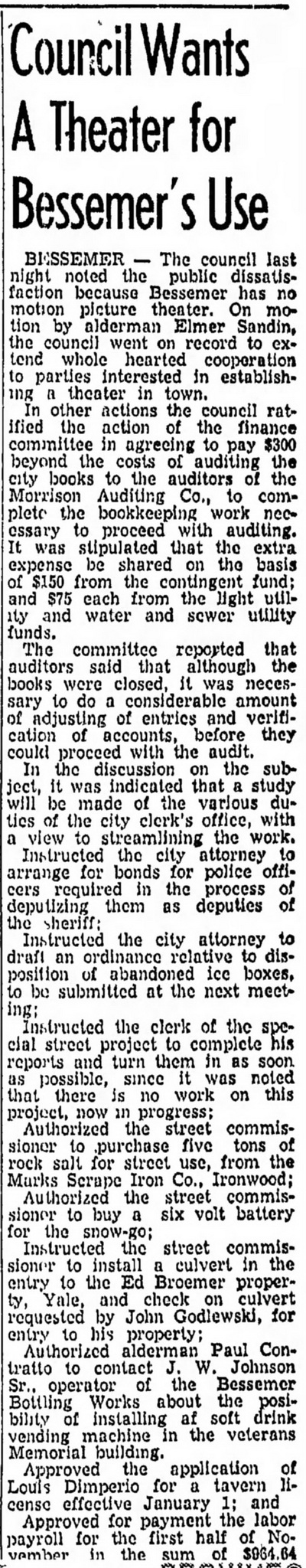 Bessemer Theater - Nov 17 1953 Article (newer photo)